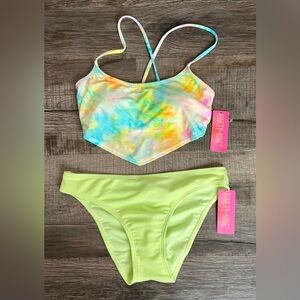 Women’s Tie-Dye Crop Bikini Set - Pastel Multi & Lime, Size Small